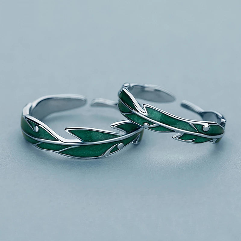 Bague Ajustable en Argent Éblouissante avec Feuilles Vertes Artistiques
