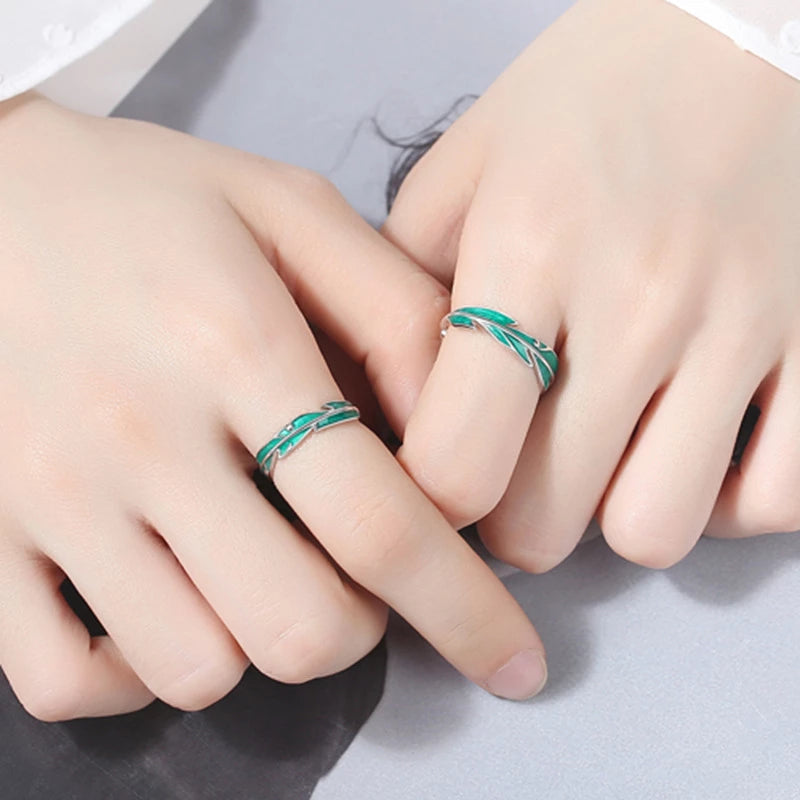 Bague Ajustable en Argent Éblouissante avec Feuilles Vertes Artistiques