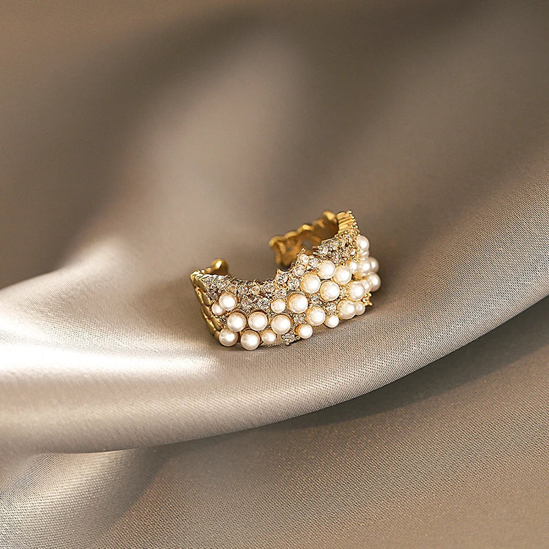 Bague Chic Ajustable en Perles Éclatantes et Zirconias Brillantes