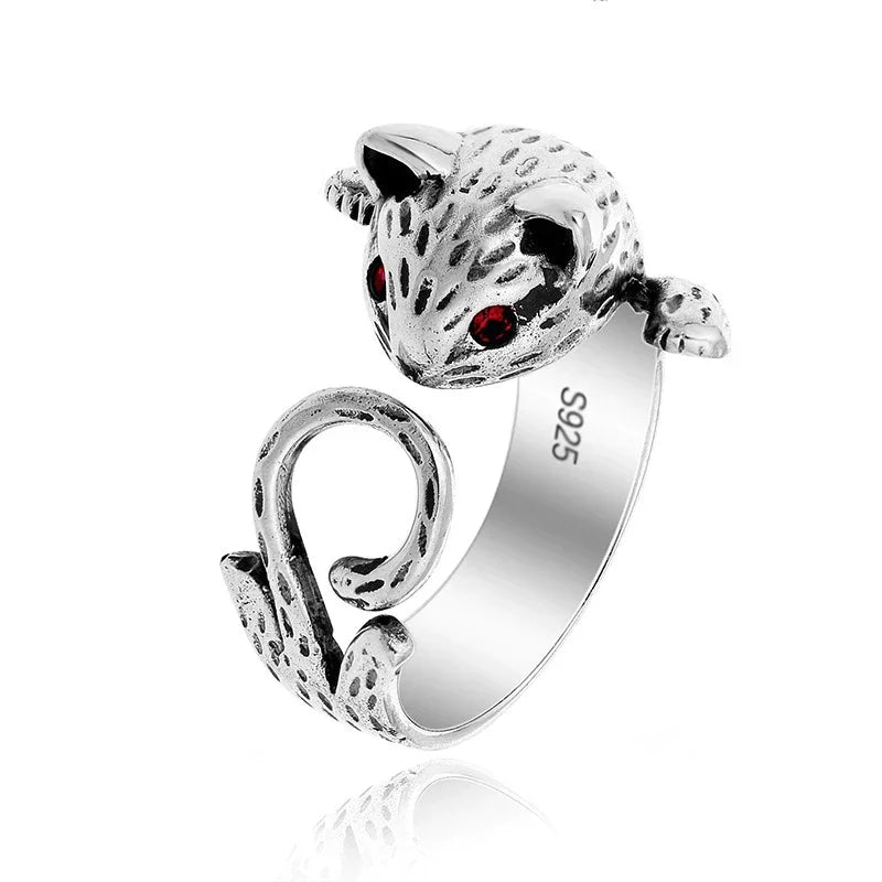 Bague en Argent Sterling 925 Ajustable avec Charmant Chat Peint à la Main