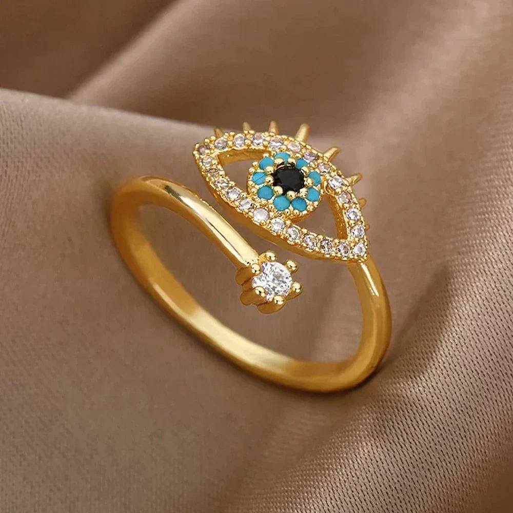 Bague Éblouissante en Or avec Oeil de Cristal et Zircon Ajustable