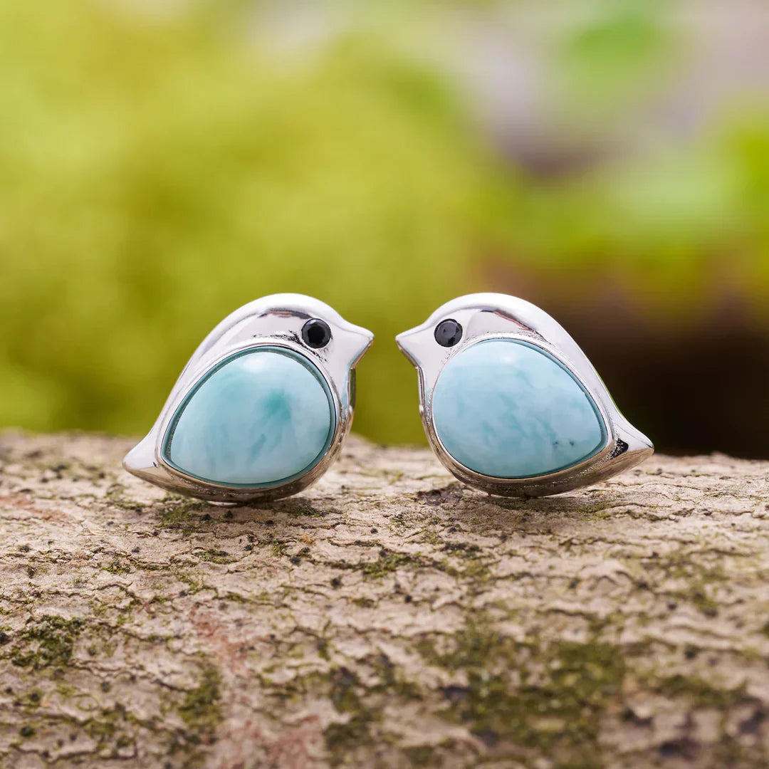 Éblouissantes Boucles d'Oreilles Oiseaux en Argent avec Opale Bleue Étincelante