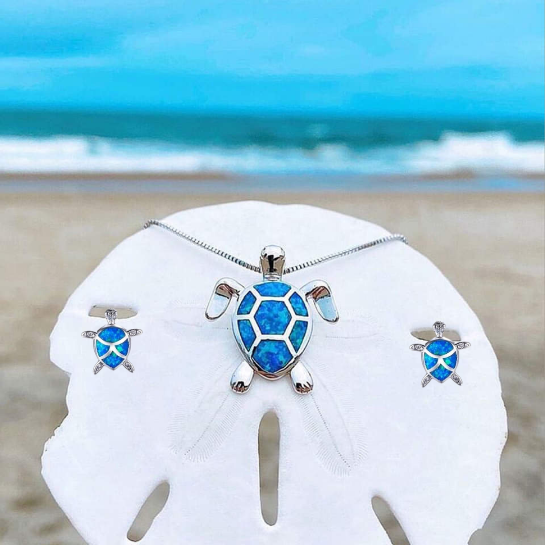 Ensemble Élégant : Collier Tortue de Mer en Opale et Argent avec Boucles d'Oreilles Assorties