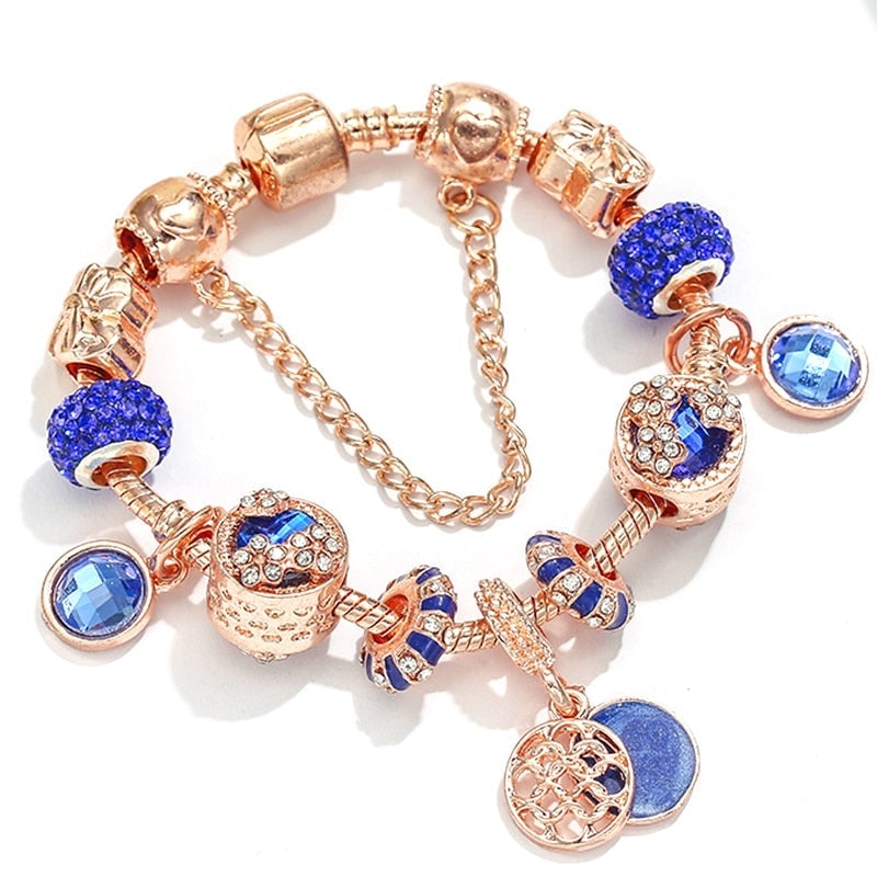 Éblouissant bracelet en argent rose orné de cristaux bleus scintillants