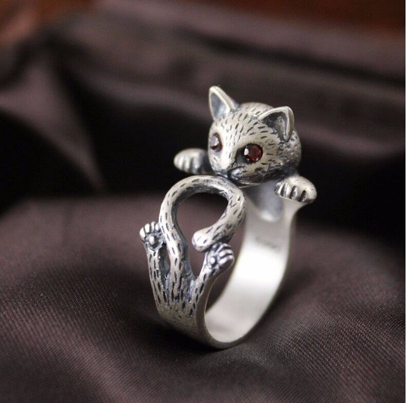 Bague en Argent Sterling 925 Ajustable avec Charmant Chat Peint à la Main