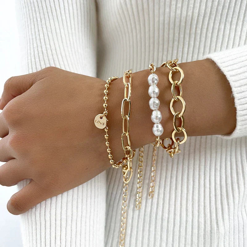 Élégant Ensemble de Bracelets en Or avec Perles Chic