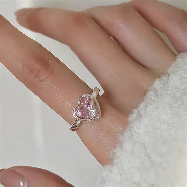 Éblouissants Bijoux en Argent Sterling : Boucles d'Oreilles et Bague en Cœur de Cristal Rose