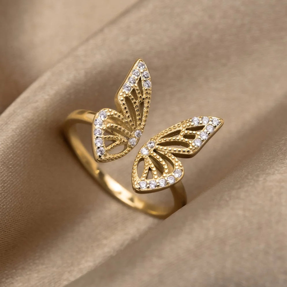 Bague Ajustable Papillon en Or Éblouissant avec Zircons Étincelants