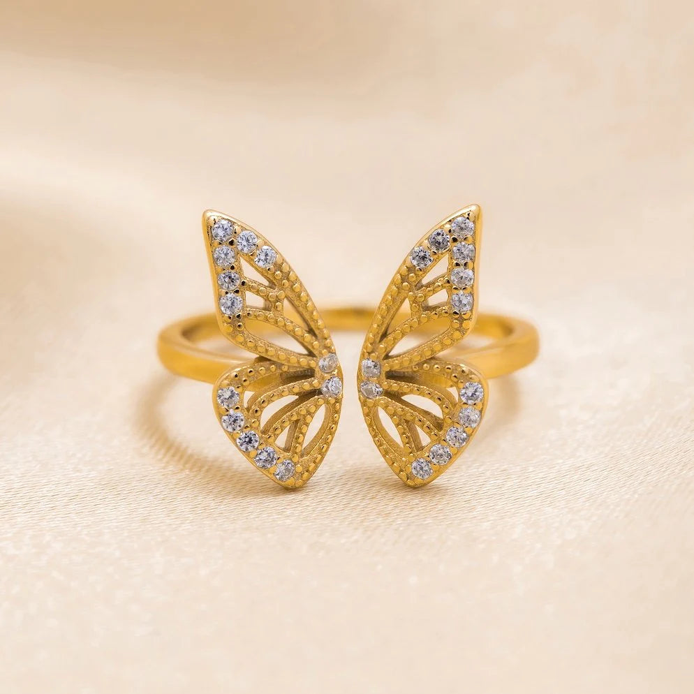 Bague Ajustable Papillon en Or Éblouissant avec Zircons Étincelants