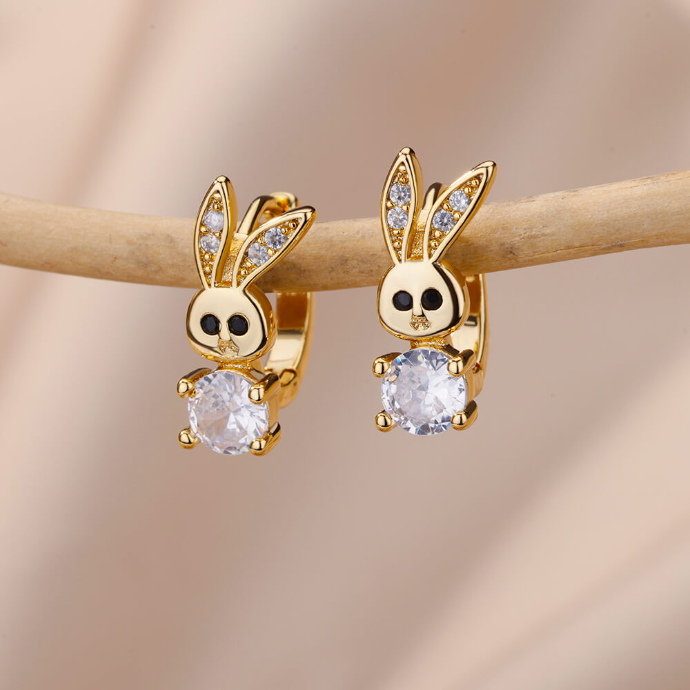 Élégantes Boucles d'Oreilles Minimalistes en Forme de Lapin en Or avec Zirconia