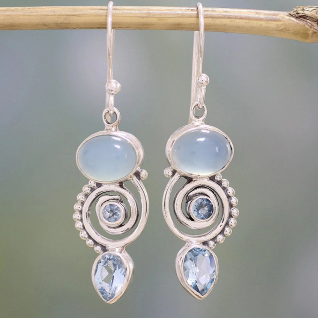 Boucles d'oreilles Vintage en Argent avec Pierre de Lune Spirale Éblouissante