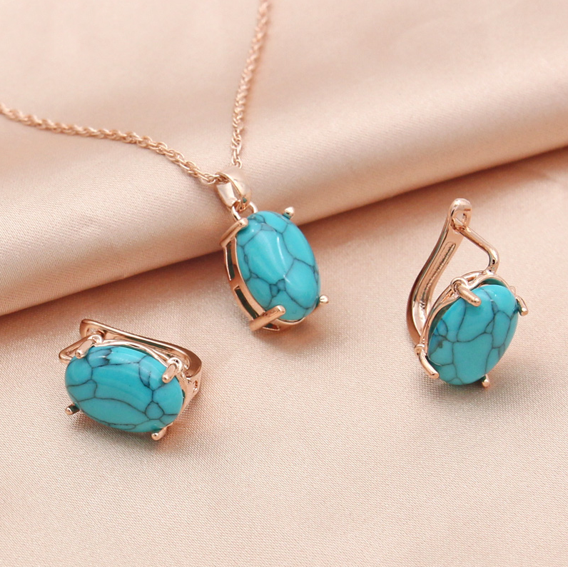 Élégant set vintage de boucles d'oreilles et collier en pierre turquoise