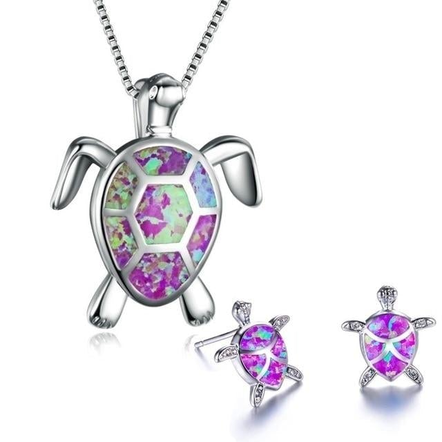 Ensemble Élégant : Collier Tortue de Mer en Opale et Argent avec Boucles d'Oreilles Assorties