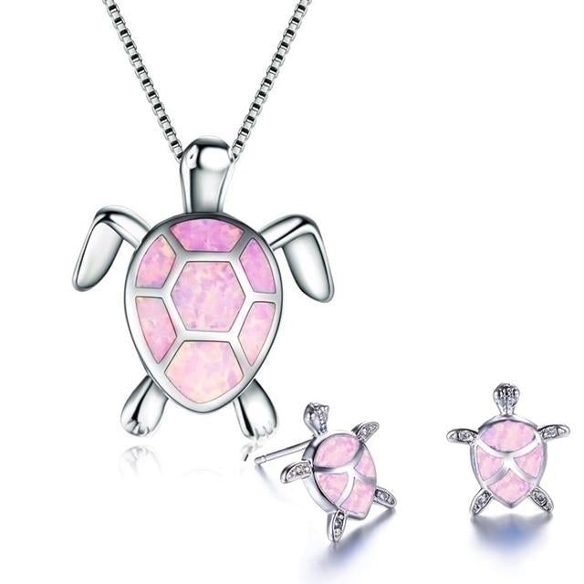 Ensemble Élégant : Collier Tortue de Mer en Opale et Argent avec Boucles d'Oreilles Assorties