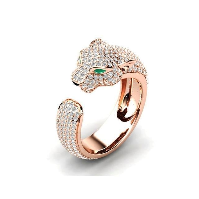 Bague Jaguar Ajustable en Argent et Or Rose 18 Carats avec Éclat de Zircon Vert pour un Look Audacieux