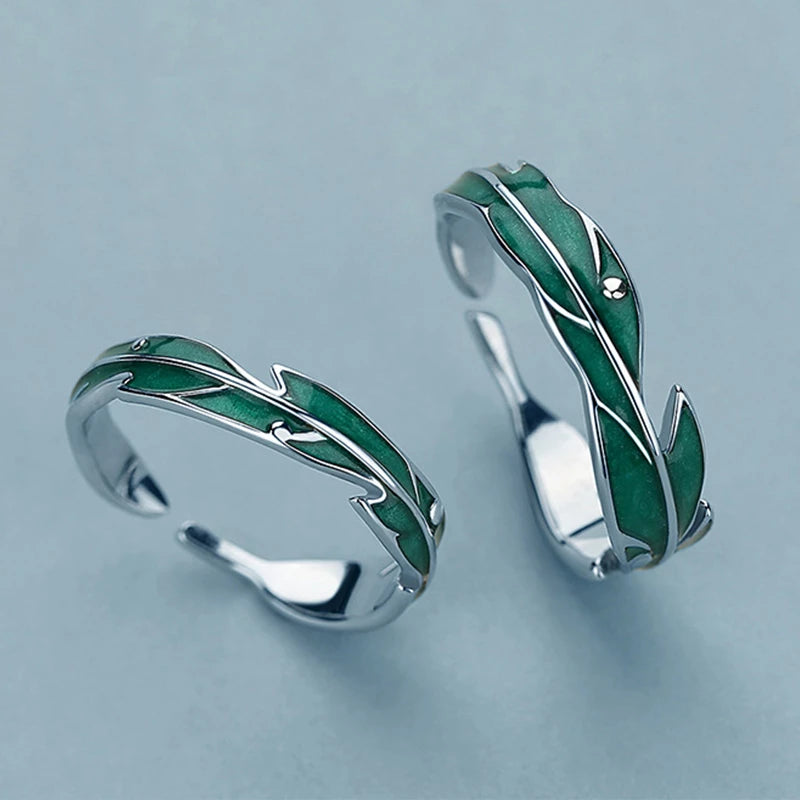 Bague Ajustable en Argent Éblouissante avec Feuilles Vertes Artistiques
