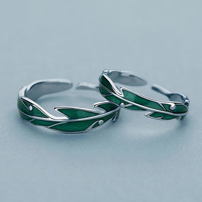 Bague Ajustable en Argent Éblouissante avec Feuilles Vertes Artistiques
