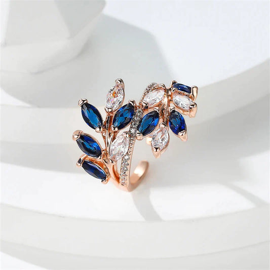 Bague Élégante Ajustable en Cristal Bleu avec Motif de Feuille
