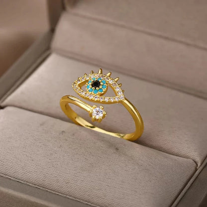 Bague Éblouissante en Or avec Oeil de Cristal et Zircon Ajustable