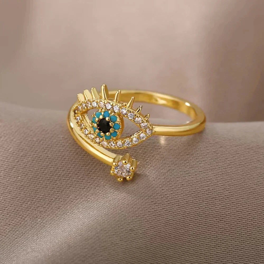 Bague Éblouissante en Or avec Oeil de Cristal et Zircon Ajustable