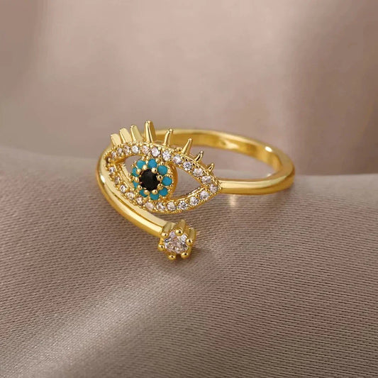 Bague Éblouissante en Or avec Oeil de Cristal et Zircon Ajustable