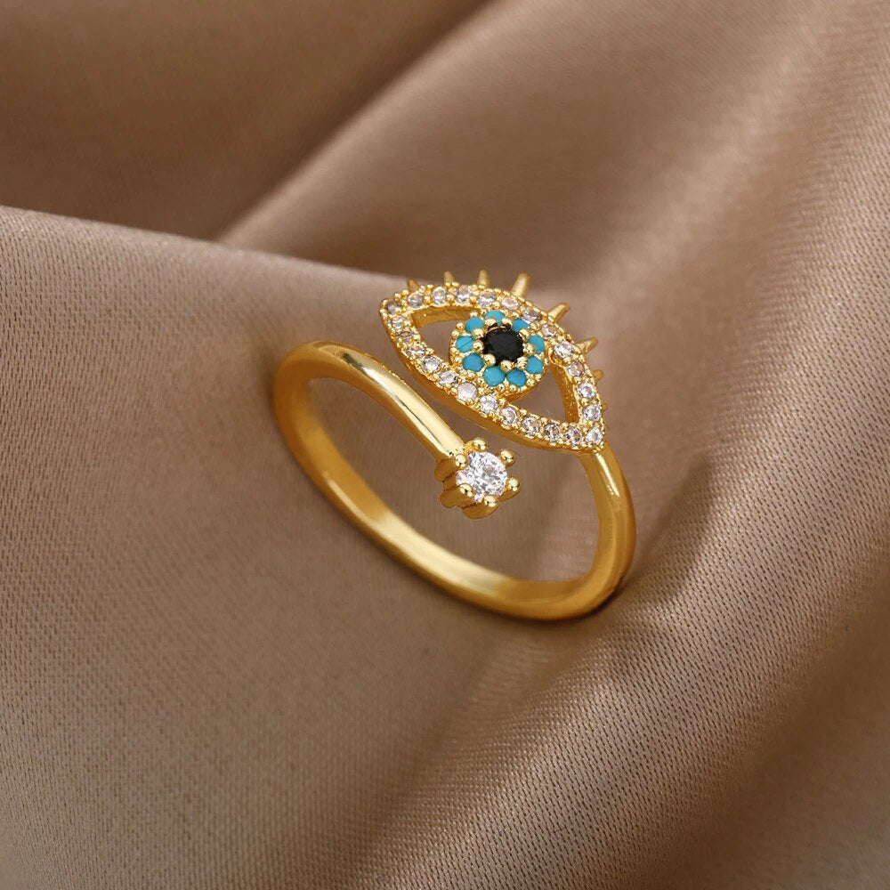 Bague Éblouissante en Or avec Oeil de Cristal et Zircon Ajustable