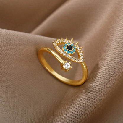Bague Éblouissante en Or avec Oeil de Cristal et Zircon Ajustable