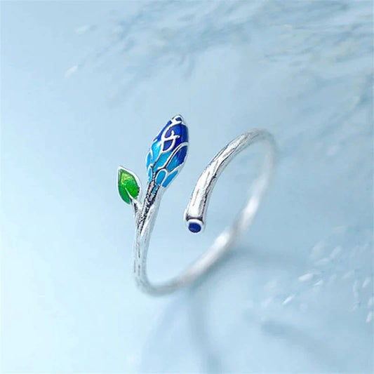 Élégante Bague en Argent Réglable ornée d'une Magnifique Fleur Bleue