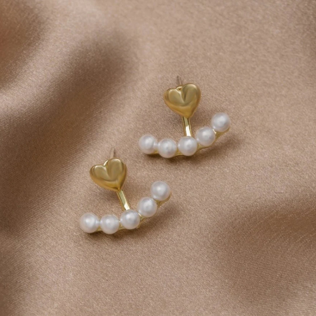 Éblouissantes Boucles d'Oreilles en Forme de Cœur Doré avec Élégantes Perles