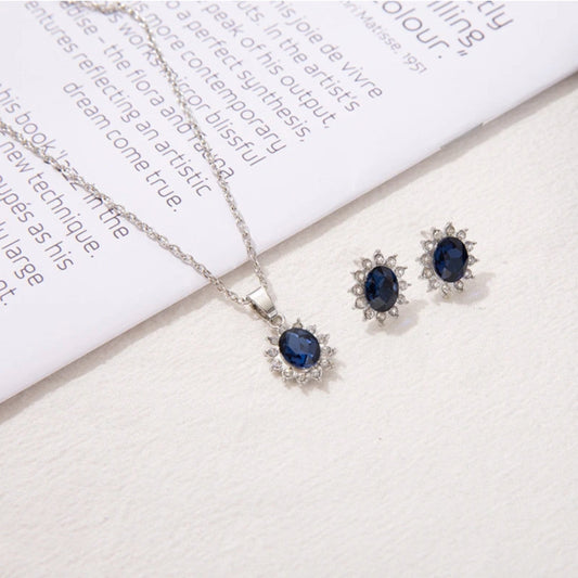Éblouissant Ensemble de Collier et Boucles d'Oreilles en Argent avec Saphir et Zircon