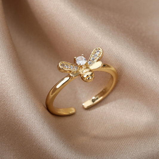 Bague Ajustable en Or avec Abeille et Éclat de Zirconia
