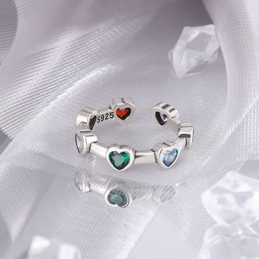 Exquise Bague Ajustable en Argent ornée de Cœurs en Cristal Multicolore