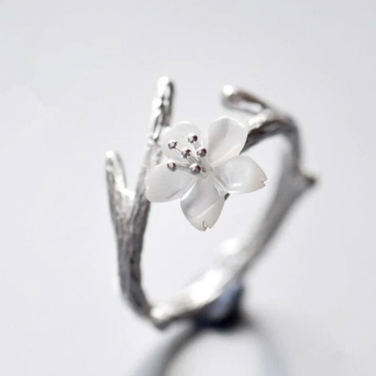 Anneau Ajustable en Argent Sterling 925 avec Élégant Pétale Blanc