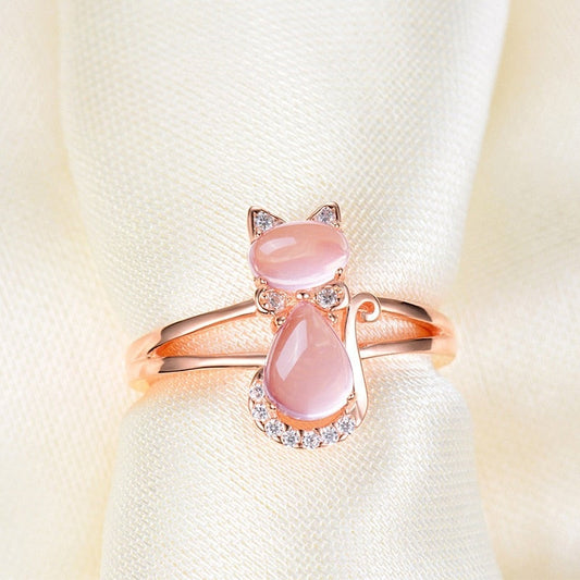 Elégante Bague en Or Rose avec Motif de Chat