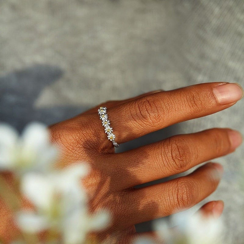 Bague en Argent 925 Ajustable avec Éclat de Marguerites Émaillées à la Main