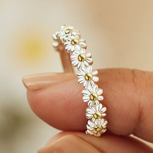 Bague en Argent 925 Ajustable avec Éclat de Marguerites Émaillées à la Main