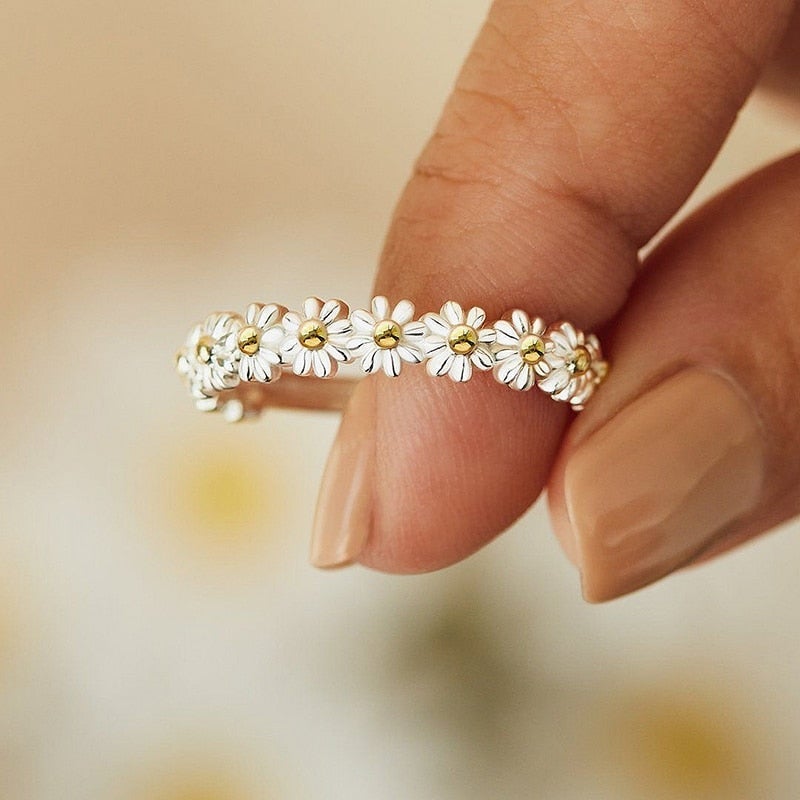 Bague en Argent 925 Ajustable avec Éclat de Marguerites Émaillées à la Main