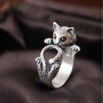 Bague en Argent Sterling 925 Ajustable avec Charmant Chat Peint à la Main