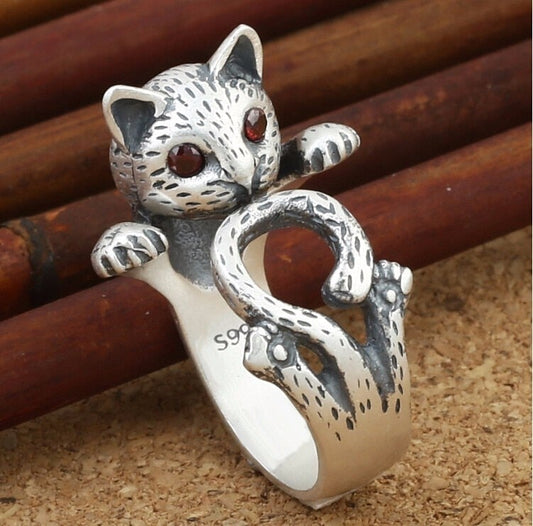 Bague en Argent Sterling 925 Ajustable avec Charmant Chat Peint à la Main
