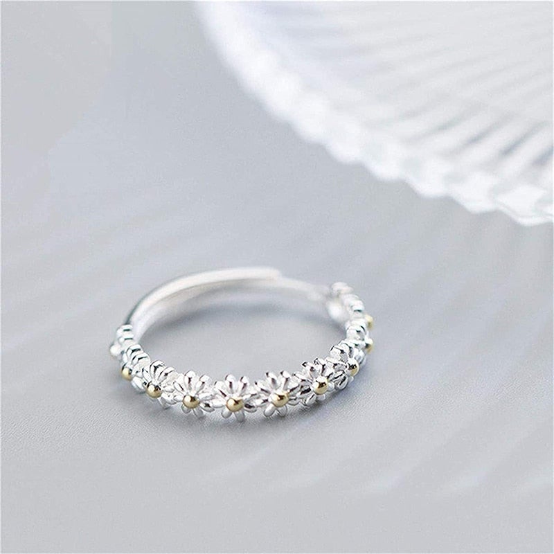 Bague en Argent 925 Ajustable avec Éclat de Marguerites Émaillées à la Main