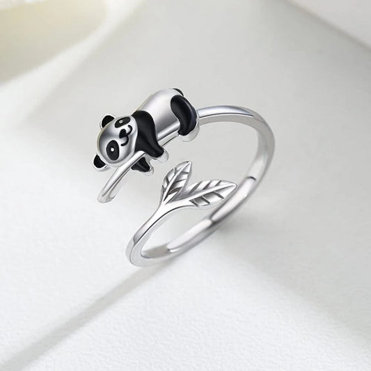 Adorable Bague Ajustable en Argent Sterling 925 avec Motif de Panda