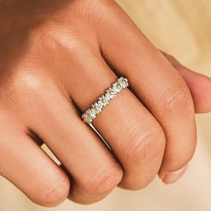 Bague en Argent 925 Ajustable avec Éclat de Marguerites Émaillées à la Main