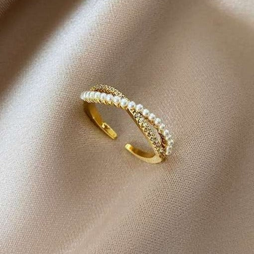 Bague Tressée Ajustable Éclatante en Or avec Perles et Zirconium