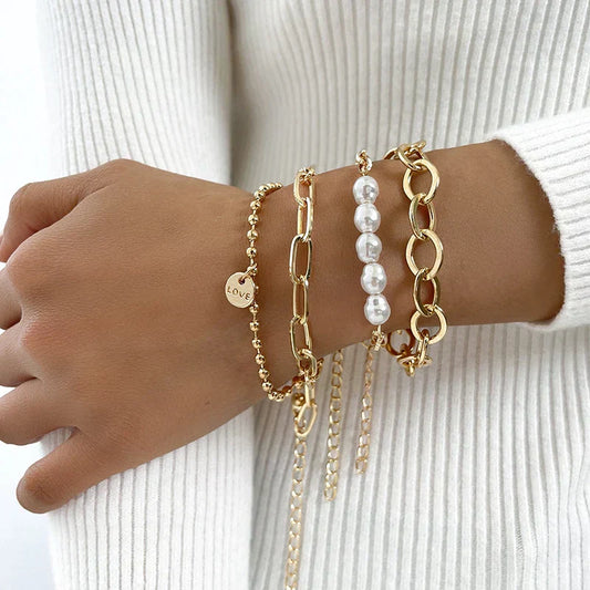 Élégant Ensemble de Bracelets en Or avec Perles Chic
