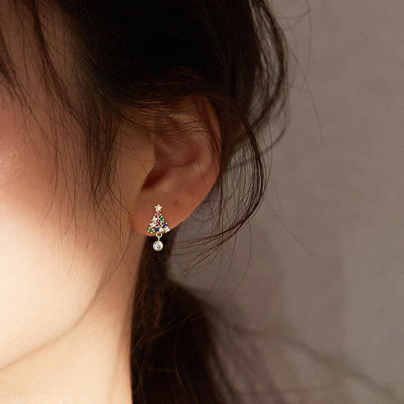 Boucles d'Oreilles Élégantes Arbre de Noël en Or avec Éclat de Zirconium