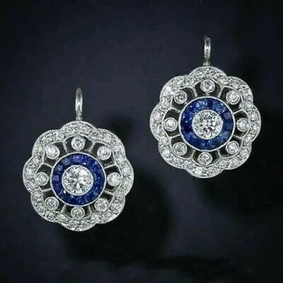 Éblouissantes boucles d'oreilles rétro Mandala en zirconium bleu