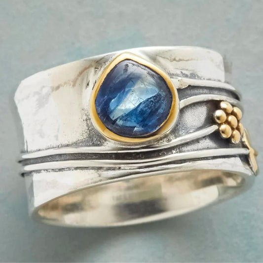 Bague Bohème en Argent Éblouissante avec Pierre Bleue