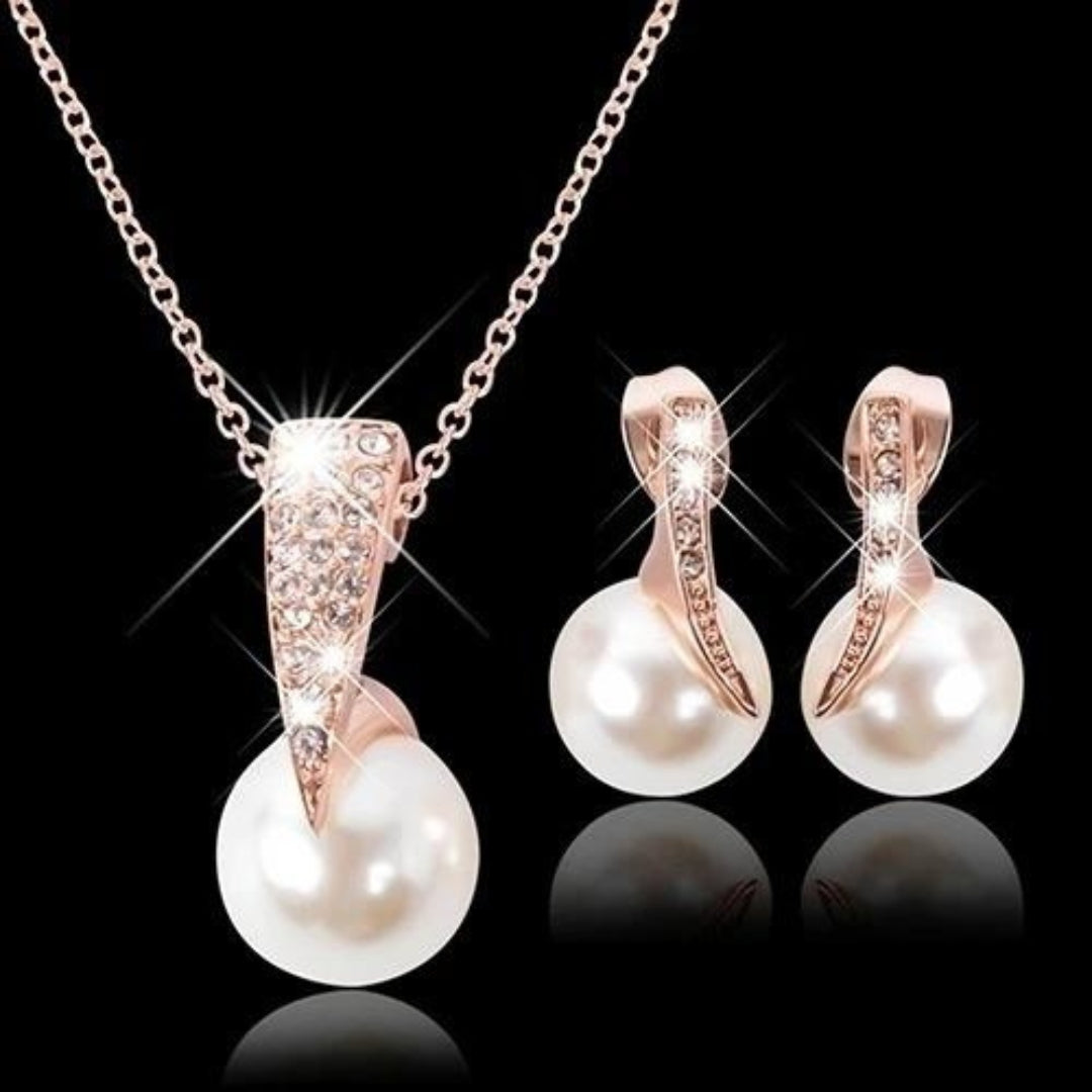 Élégant Ensemble Collier et Boucles d'Oreilles avec Perles en Or Rose