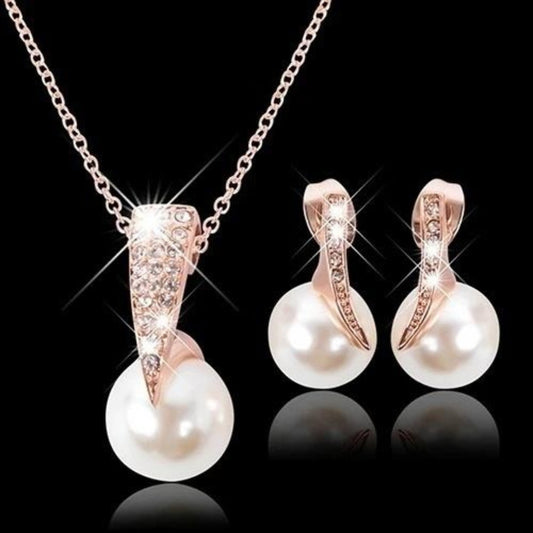 Élégant Ensemble Collier et Boucles d'Oreilles avec Perles en Or Rose