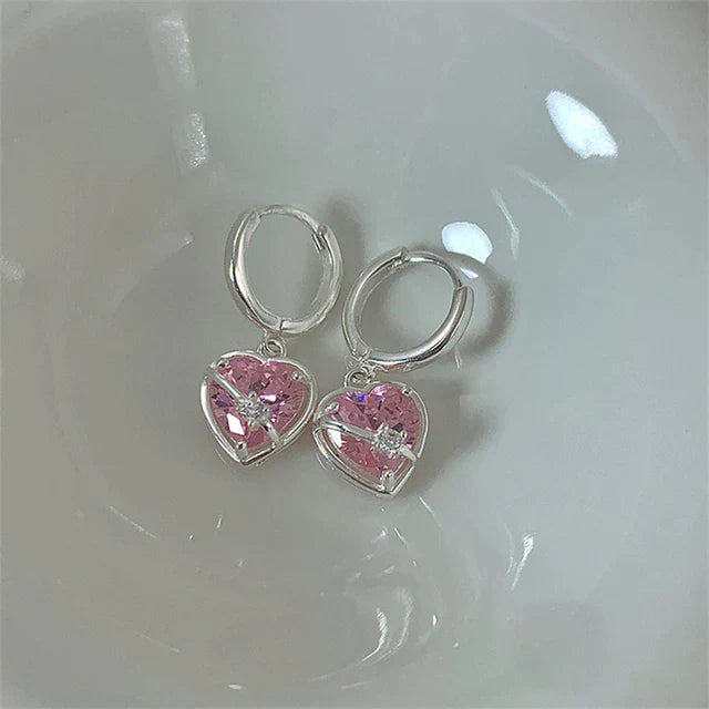 Éblouissants Bijoux en Argent Sterling : Boucles d'Oreilles et Bague en Cœur de Cristal Rose